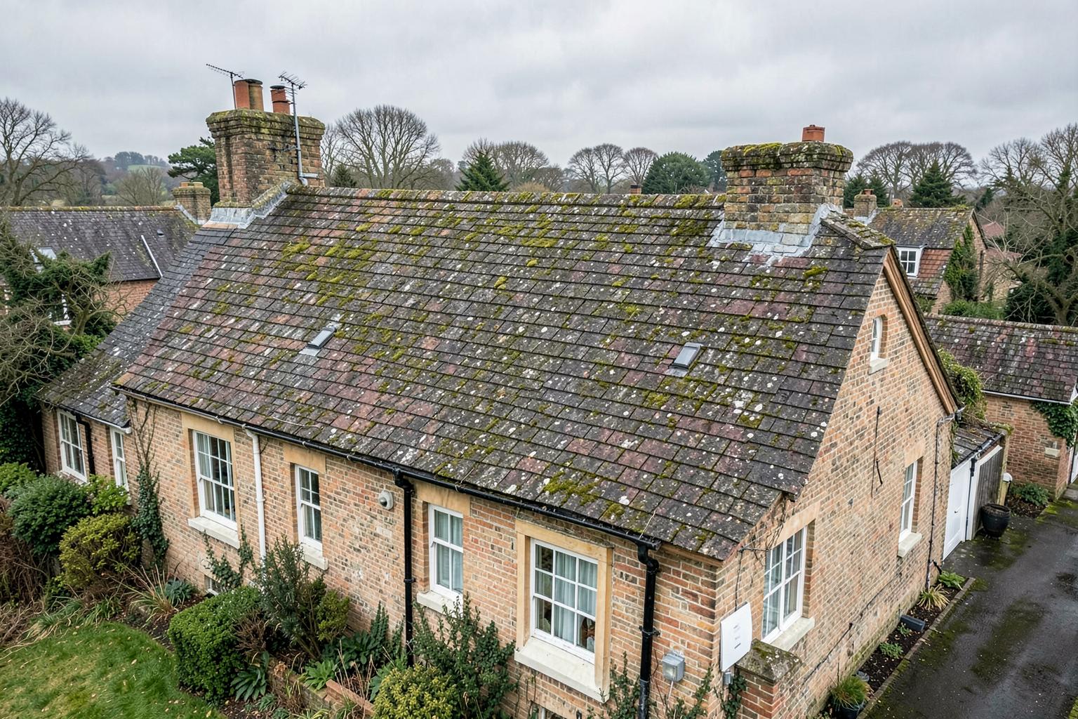 Professional roof cleaning on a pitched roof